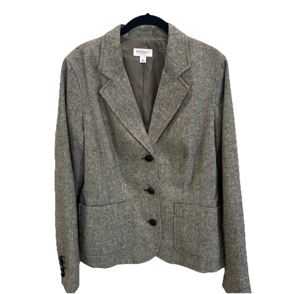 Isaac Mizrahi for Target Tweed Blazer Jacket Size L Wool Blend Lined Beige Brown